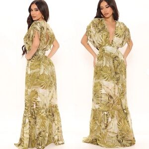 Fashion Nova Olive Leaf Print Maxi Dress